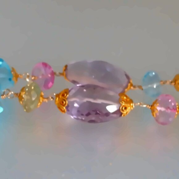Multi Micro Faceted Big Gemstones Double Strand Bracelet Vermeil Sterling Silver - Picture 7 of 8